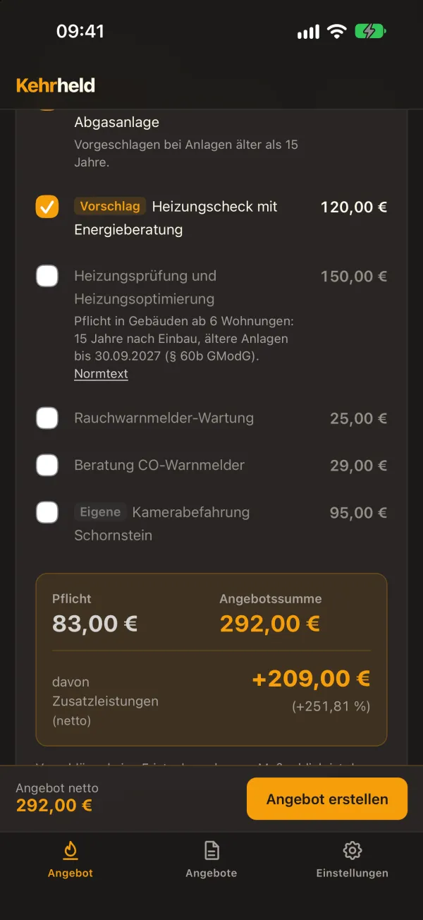 KEHRHELD auf dem iPhone: Zusatzleistungen angehakt, Pflicht 83,00 €, Angebotssumme 292,00 €, davon Zusatzleistungen +209,00 €